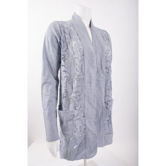 LOGO by Lori Goldstein Open Front Slub Cardigan w/ Lace Detail XXS Gray Shirt - Picture 2 of 5